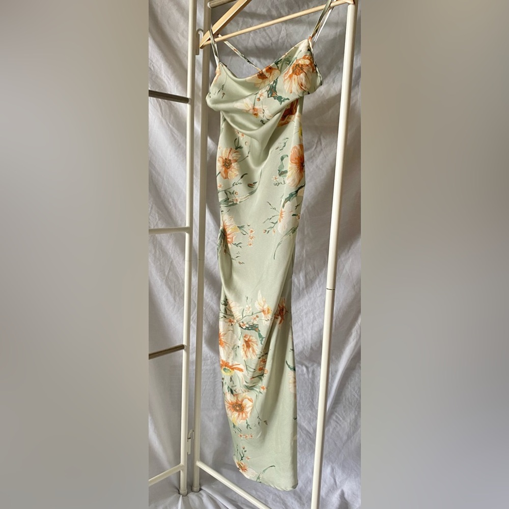 Draped Collar Split Thigh Satin Cami Dress